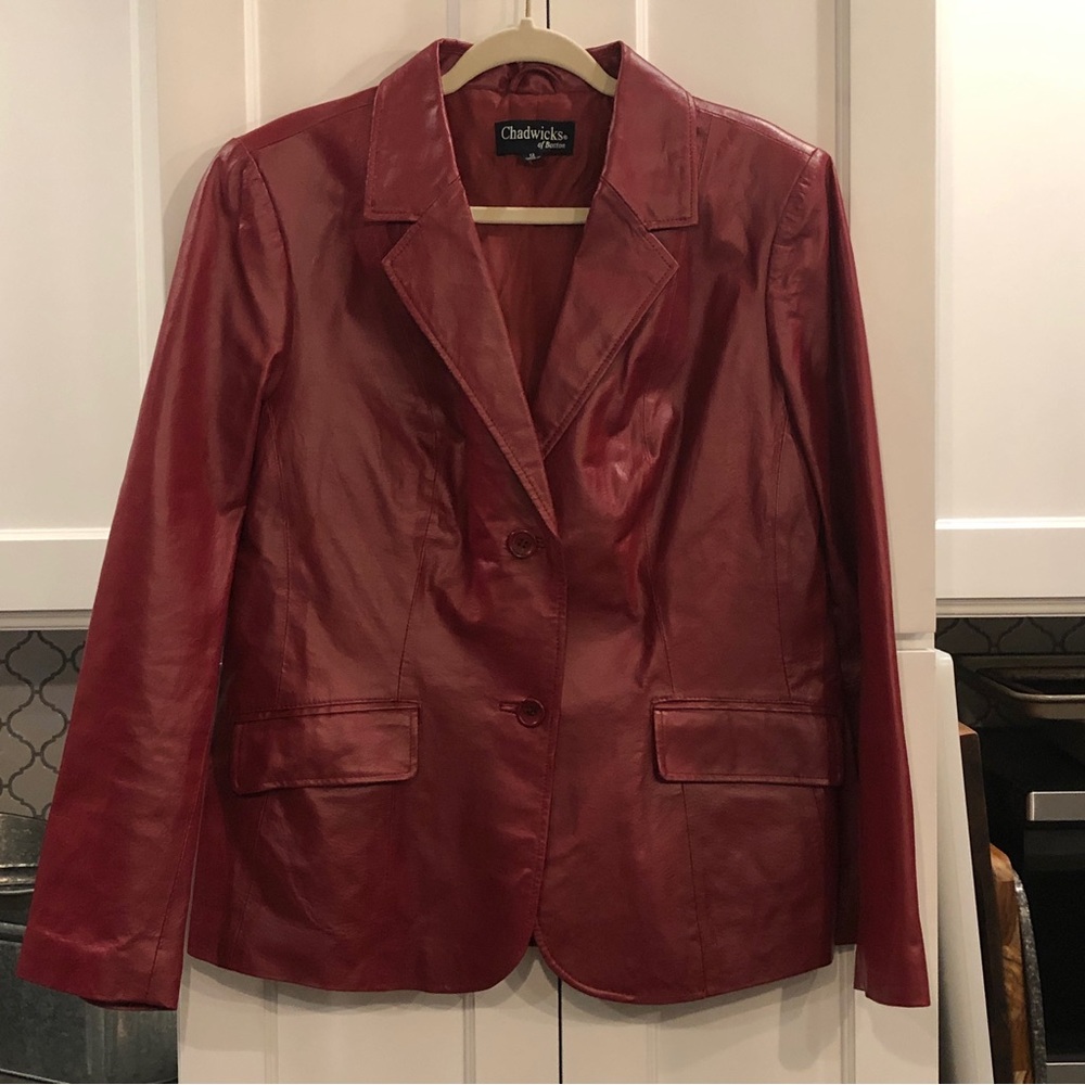 Chadwicks of Boston Red Leather Button Up Blazer Jacket Coat Women’s Size 12